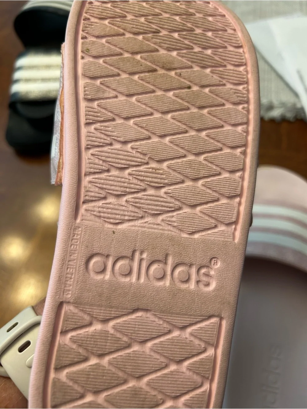 Girls adidas Pink Glitter Slide Sandals with White Stripes